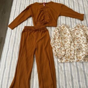 Rust Toddler Girl Ribbed Pants Set & Floral Long Sleeve Top Size 3T.